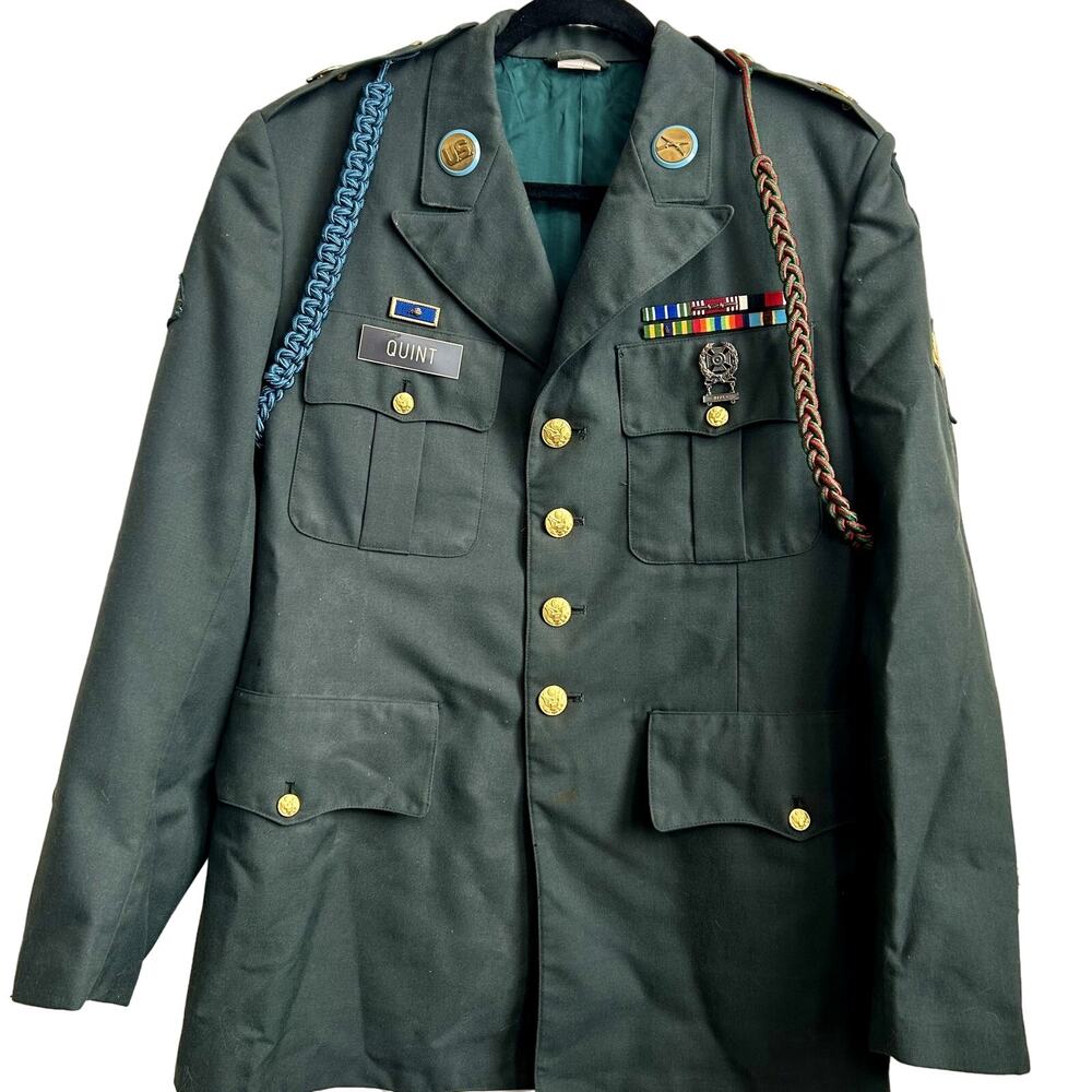 US Army Class A Green Dress Jacket 40R Specialist 7th Infantry Medals Pins Named